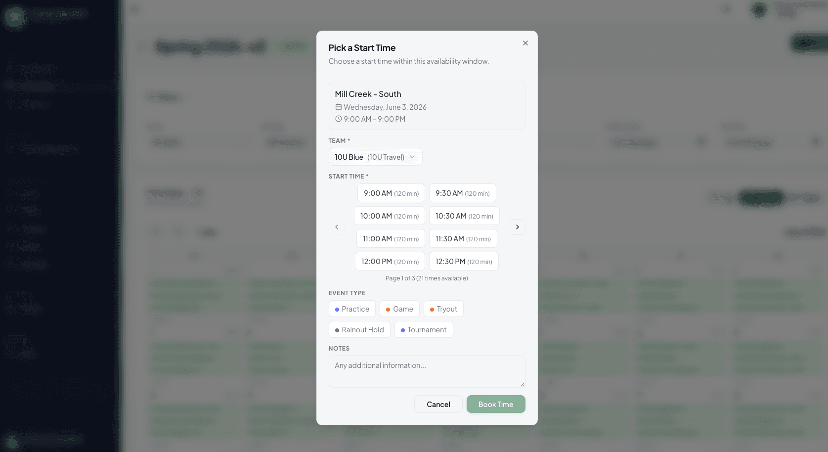 Booking dialog showing available time slots and event type selection