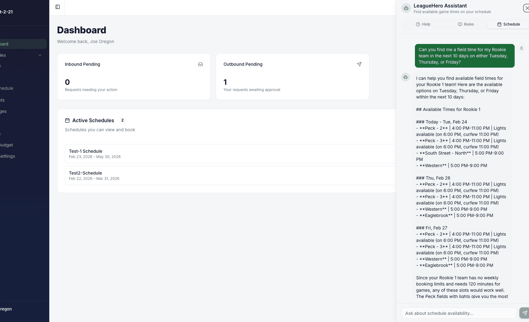 LeagueHero AI assistant finding available field times