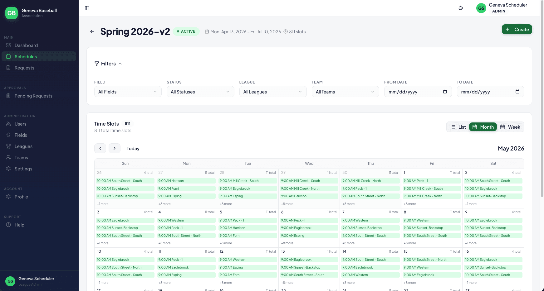 Schedule management dashboard showing a month view of time slots
