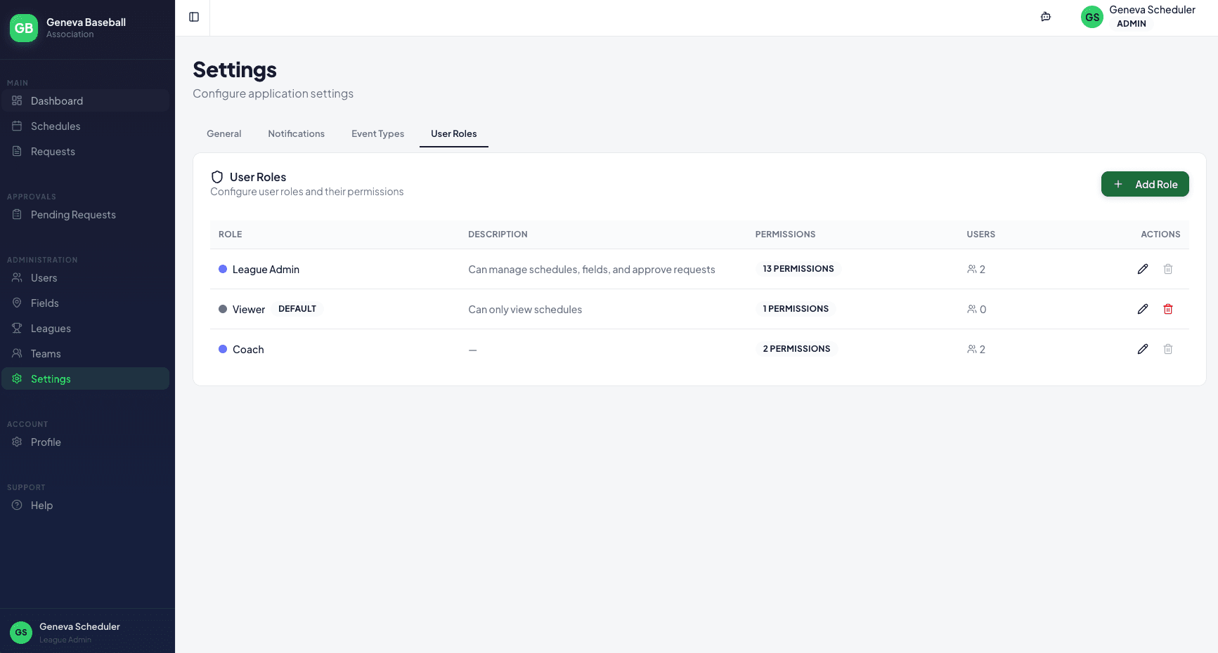 Settings page showing user roles and permissions