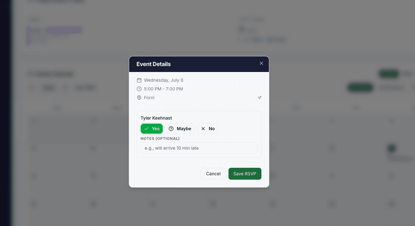 Event attendance view with RSVP responses across the roster