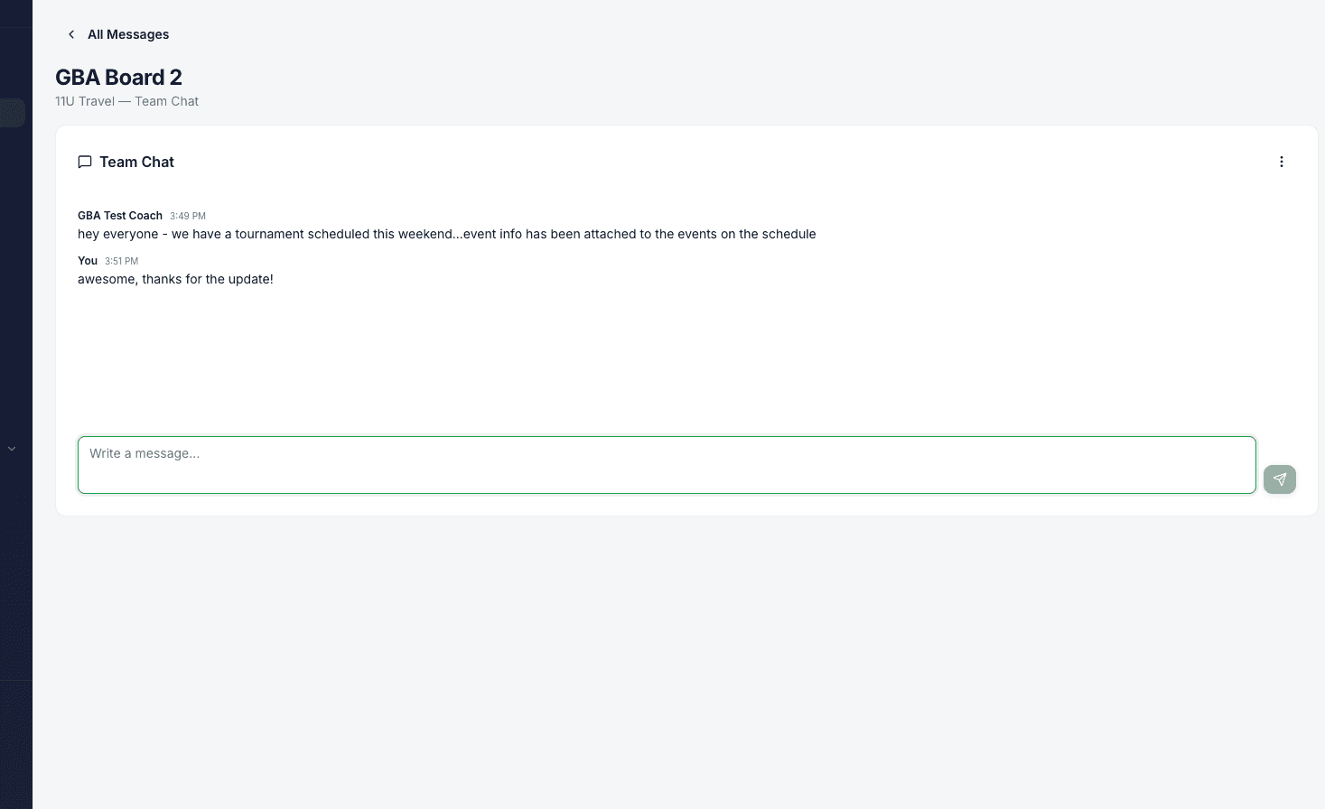Team chat thread showing coach and parent messages