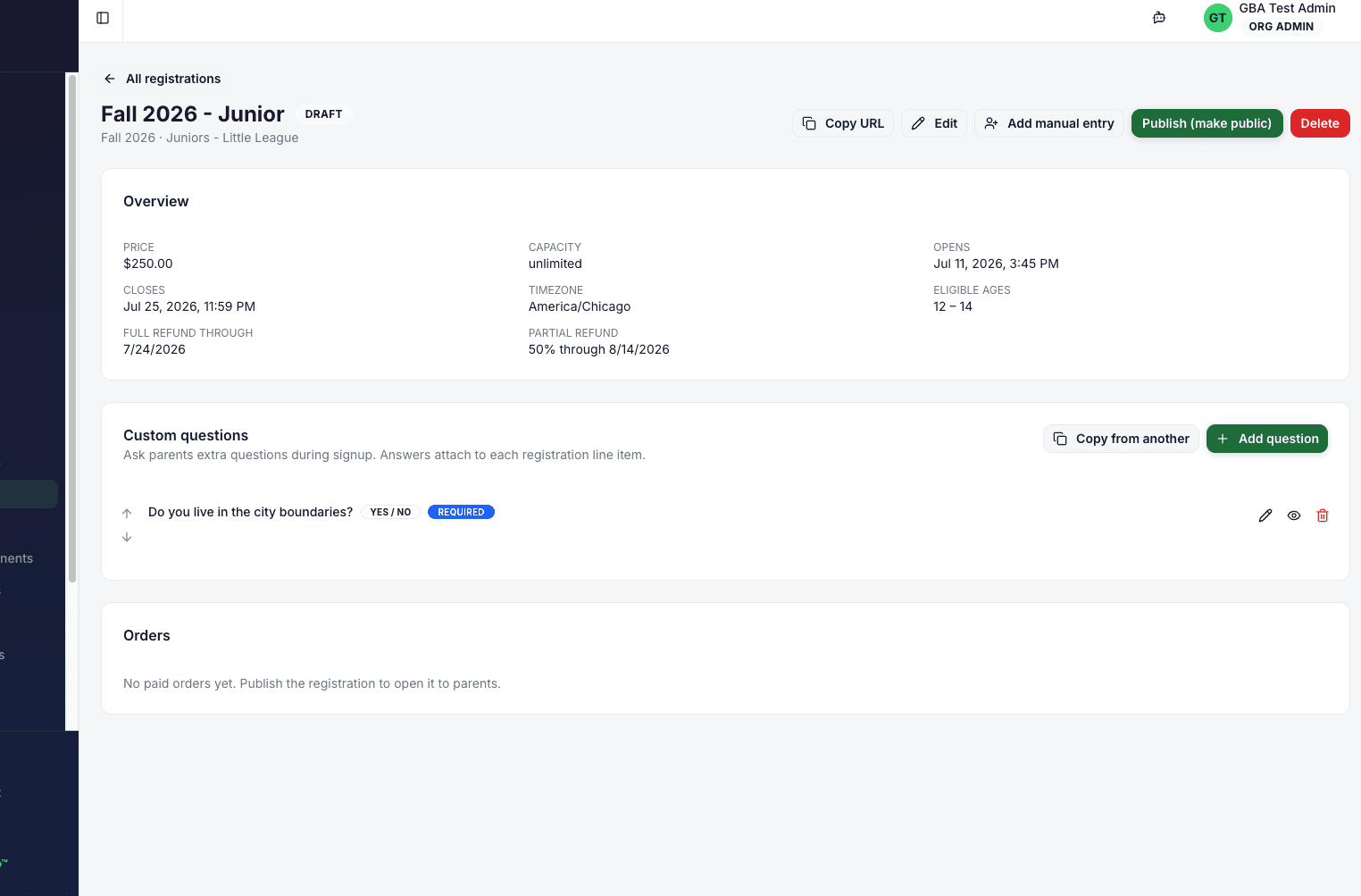 Public registration page showing a family adding their child to a season