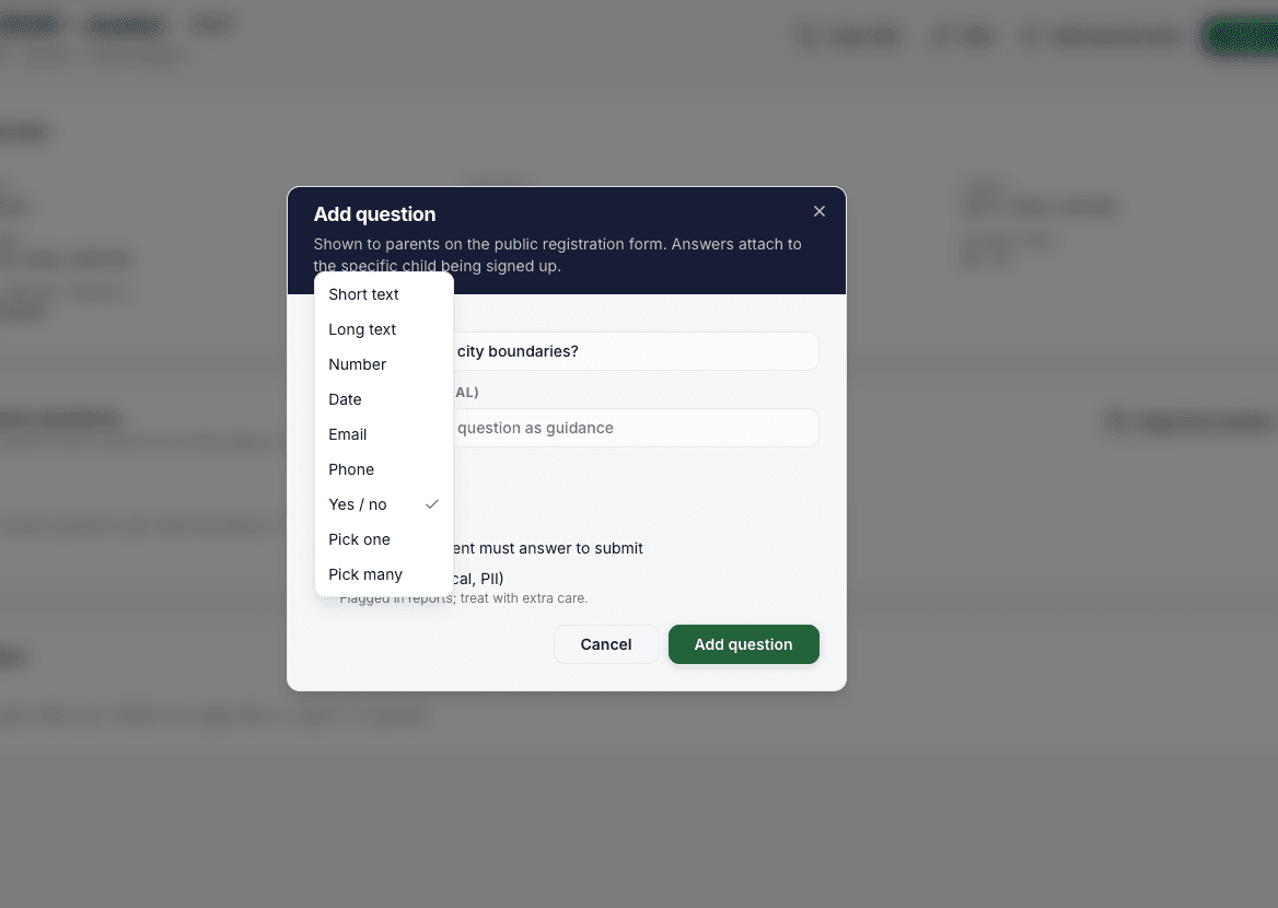Registration question builder showing the available field types