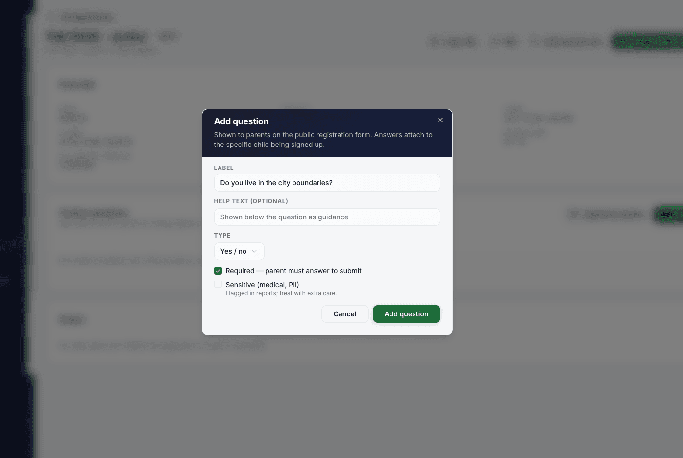 Configuring a single custom registration question