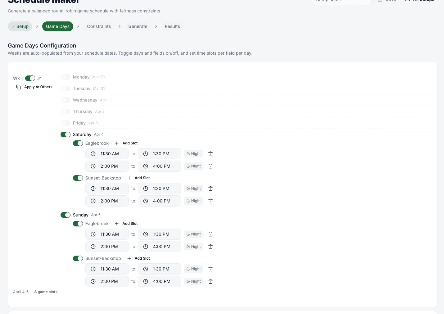 Schedule Maker Game Days step showing per-weekend field time slots