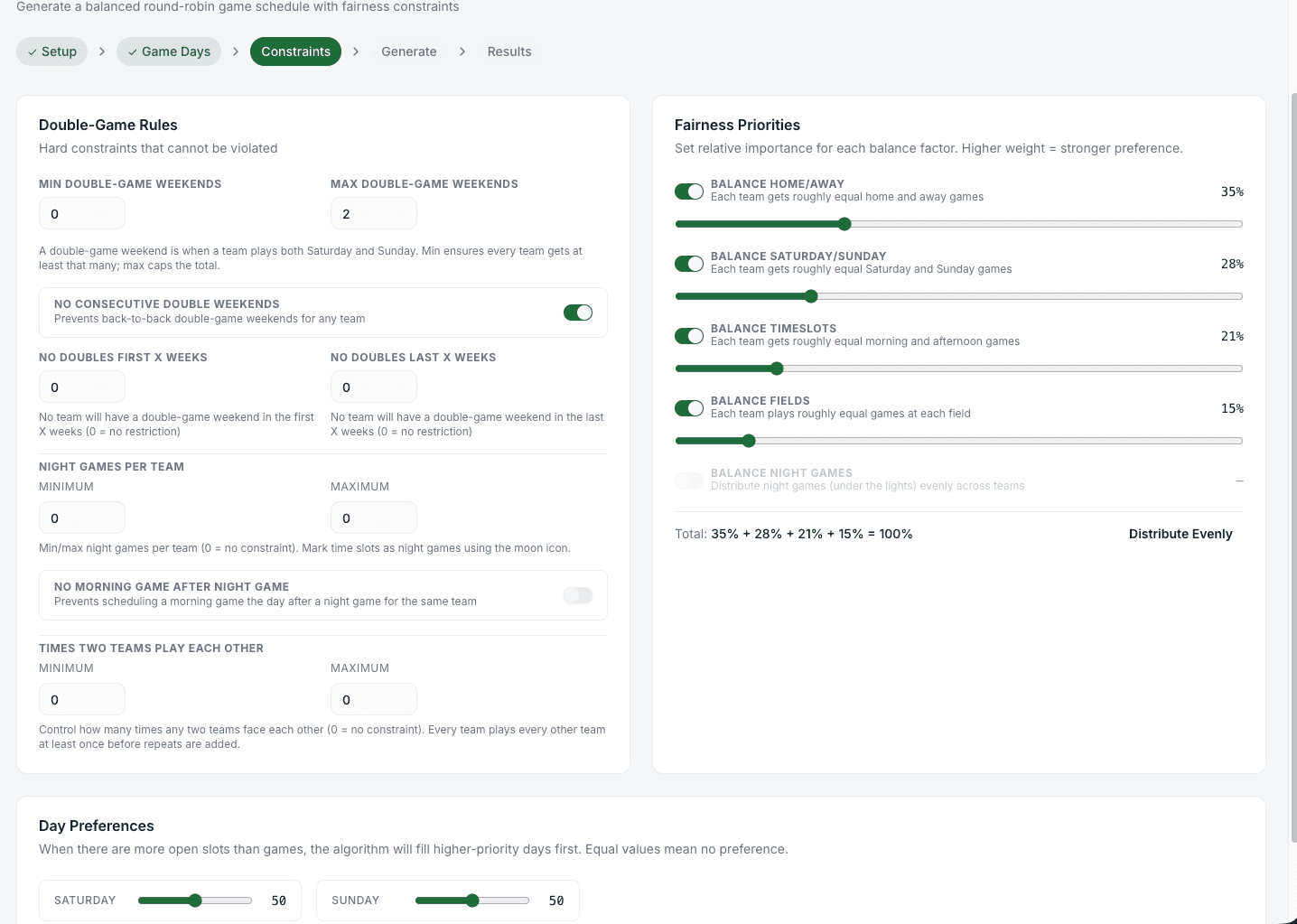 Schedule Maker Constraints step with fairness balancers and double-header controls
