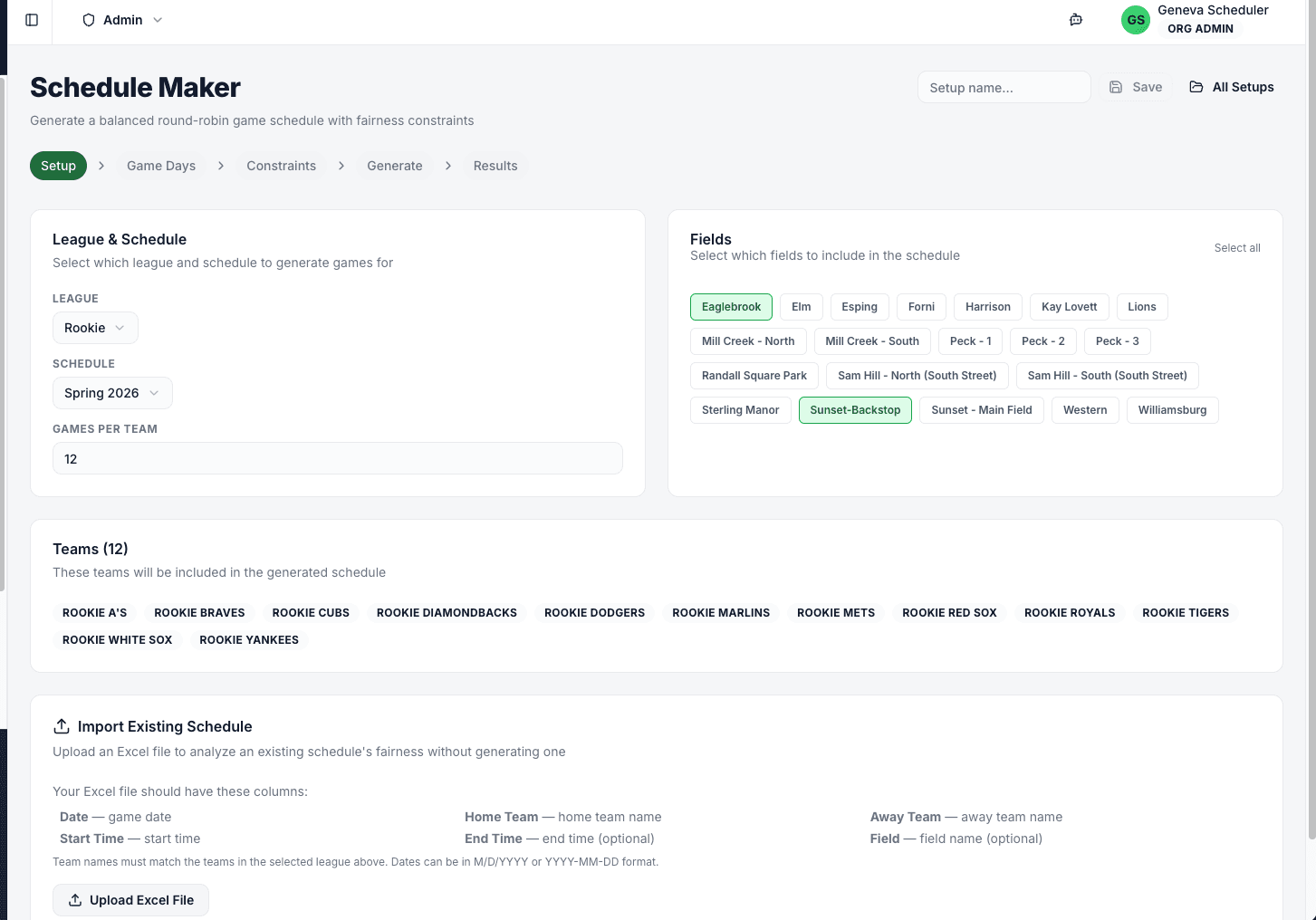 Schedule Maker wizard on the setup step with league and games-per-team selection