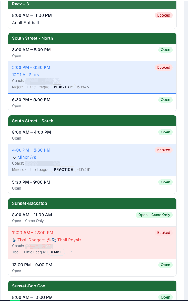 Single-day schedule view with time slots across every field