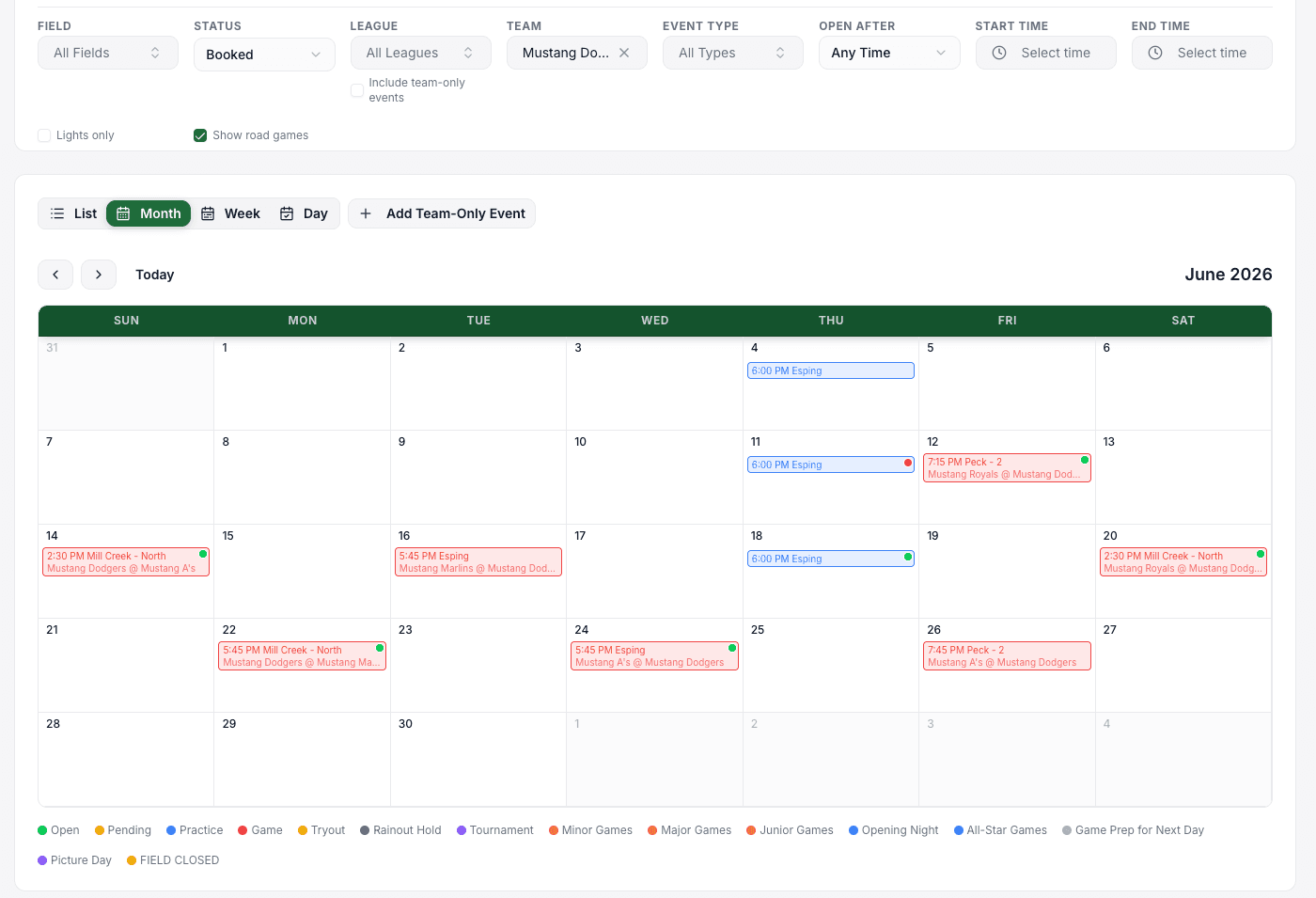 Monthly schedule filtered to a single team's events