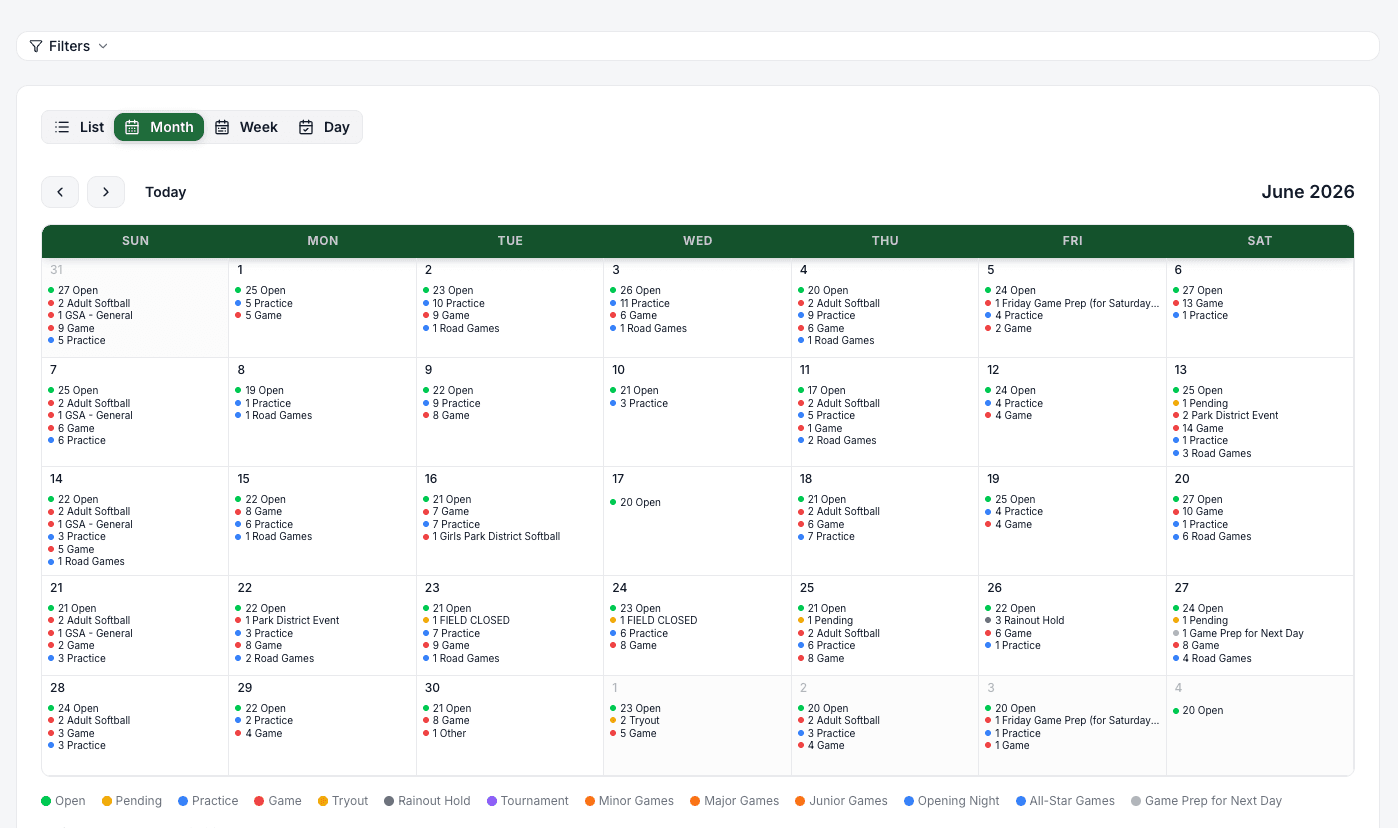 Monthly schedule view with color-coded events across every day