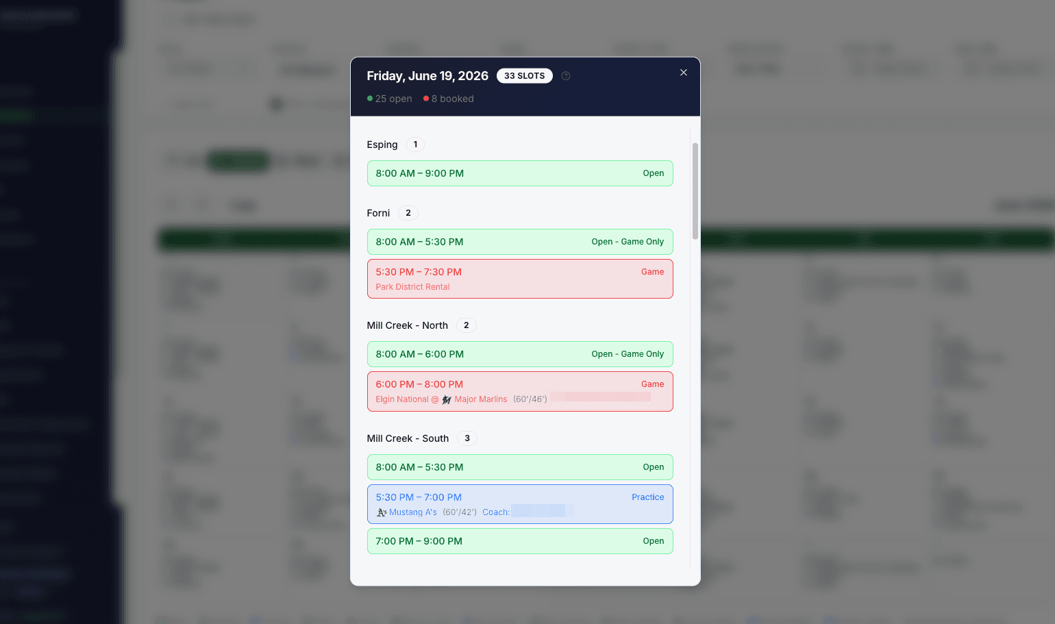 Monthly view with a day expanded to show every event's details