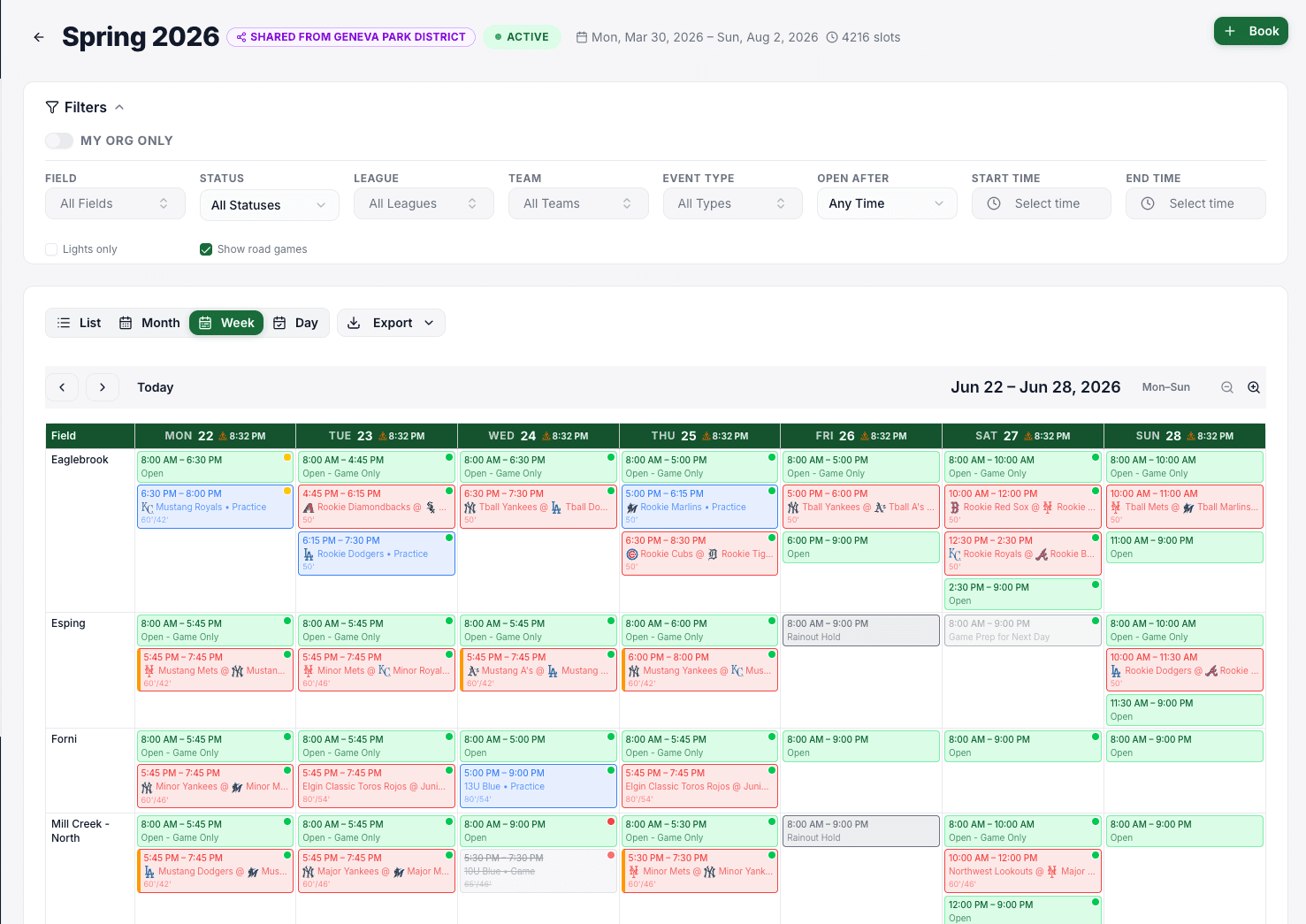 LeagueHero weekly schedule view showing time slots across every venue