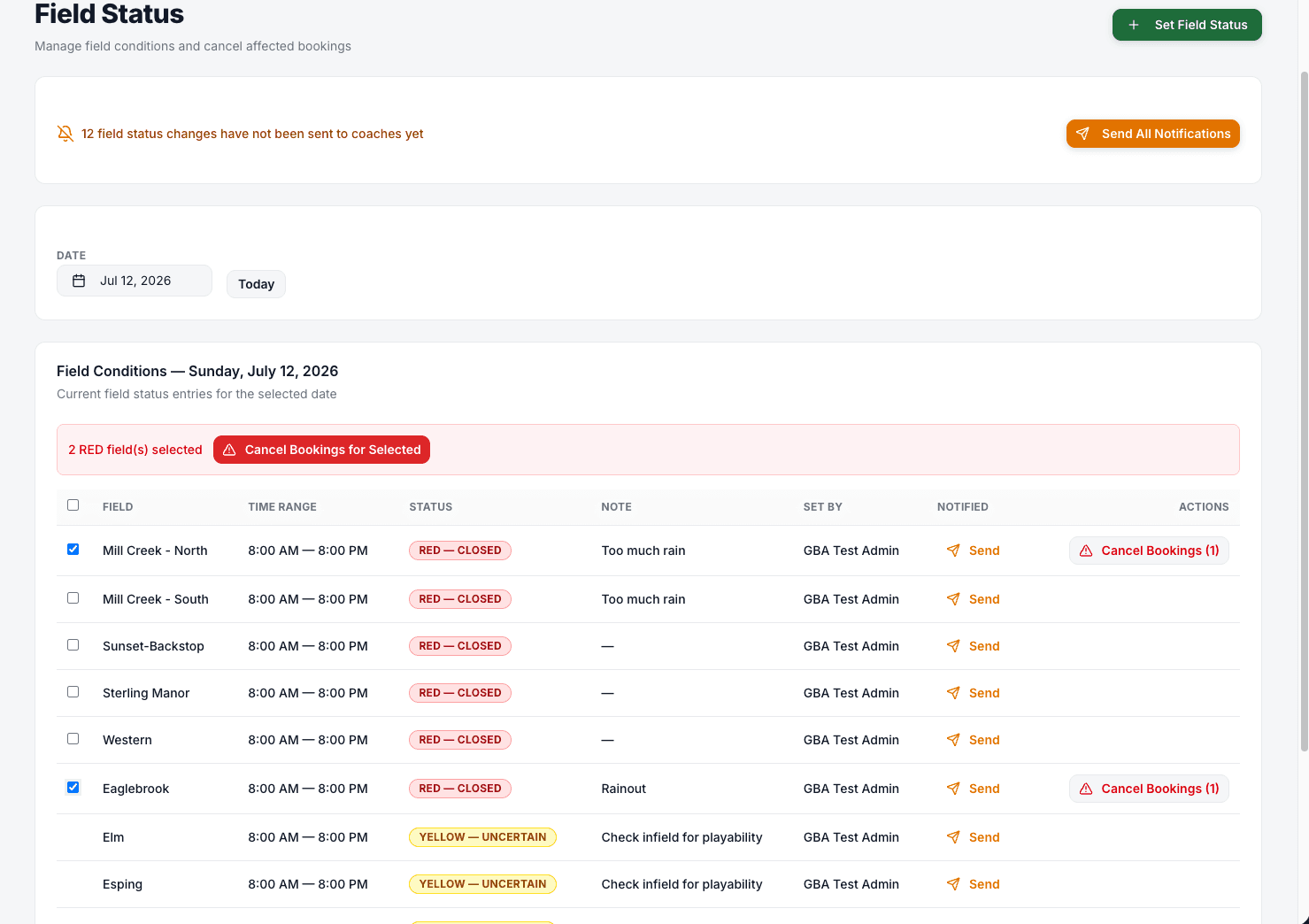 Field status page showing green, yellow, and red conditions across multiple fields for a given date